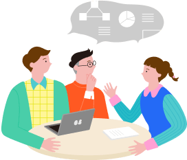 仕事について話し合う3名の社員のイラスト