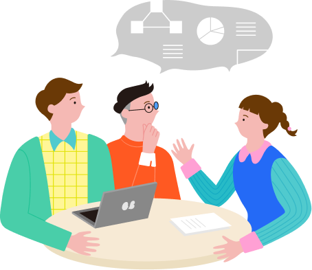 仕事について話し合う3名の社員のイラスト